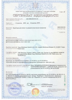 Сертификат на фурнитуру Winkhaus Открытые окна